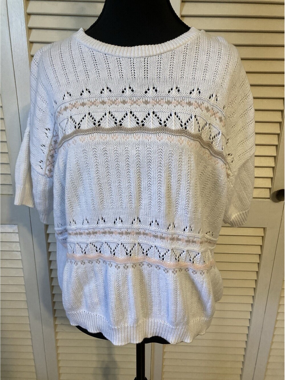 Vtg Cuddle Knit Short Sleeve Knit Sweater Top Size L White Granny Cottagecore